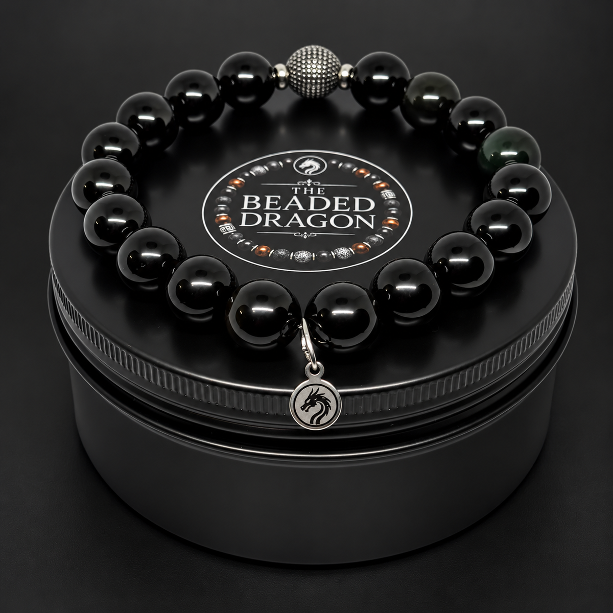 Obsidian & Stainless Steel Bracelet – 10mm Bead