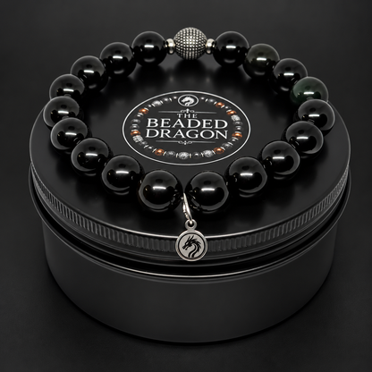 Obsidian & Stainless Steel Bracelet – 10mm Bead